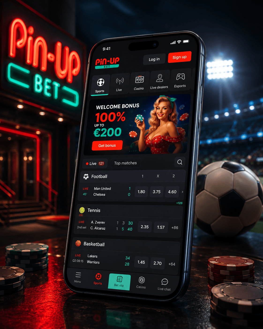 Pin Up Bet App mobile screen with sports betting and casino categories